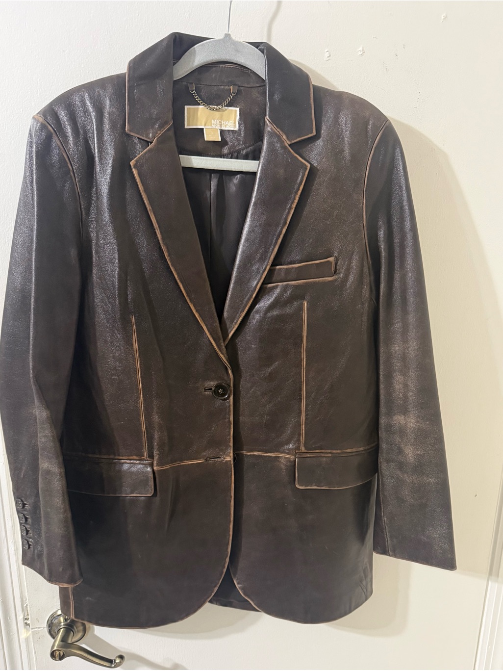 Michael Kors Dark Brown Leather Jacket With Gold Chain Detail